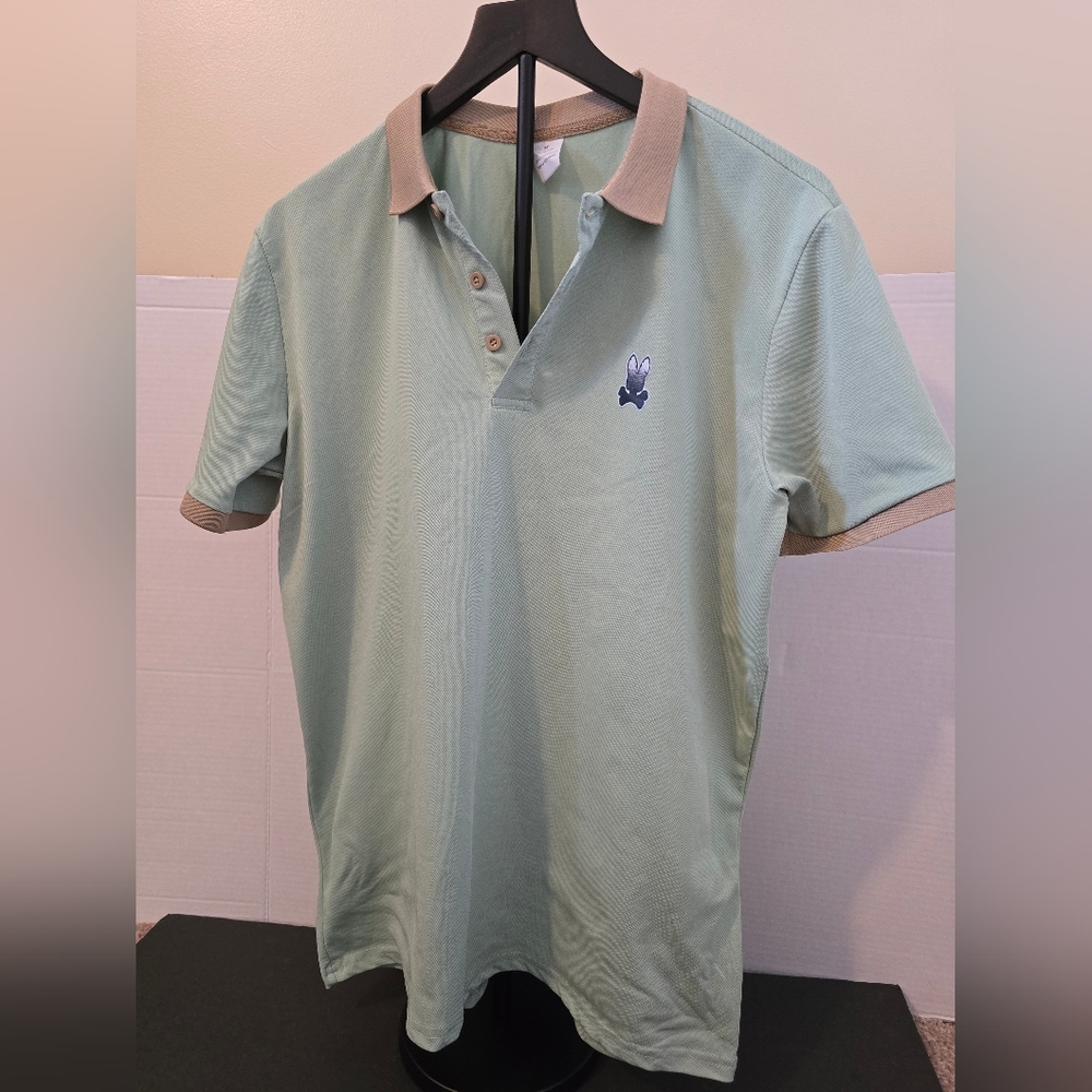 Psycho Bunny Mens Medium Light Green/Tan Polo Golf Designer Trending Luxury